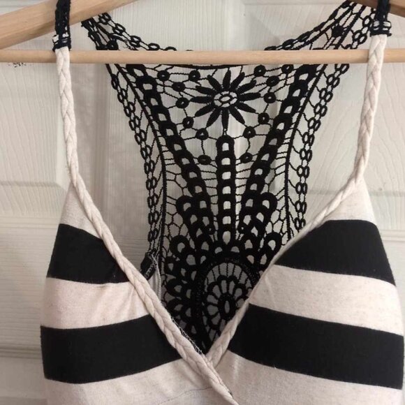 Almost Famous Sz Small Poly Rayon Linen Jail Striped Midi Summer Dress Crochet - Picture 4 of 9